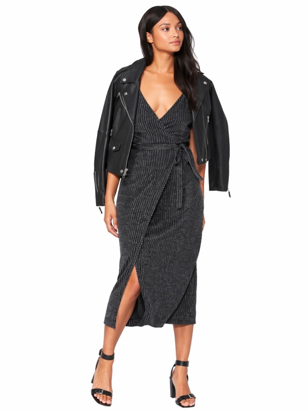 Paige Marina Sleeveless Wrap Dress MEDIUM Black Silver Lurex Midi Sparkle